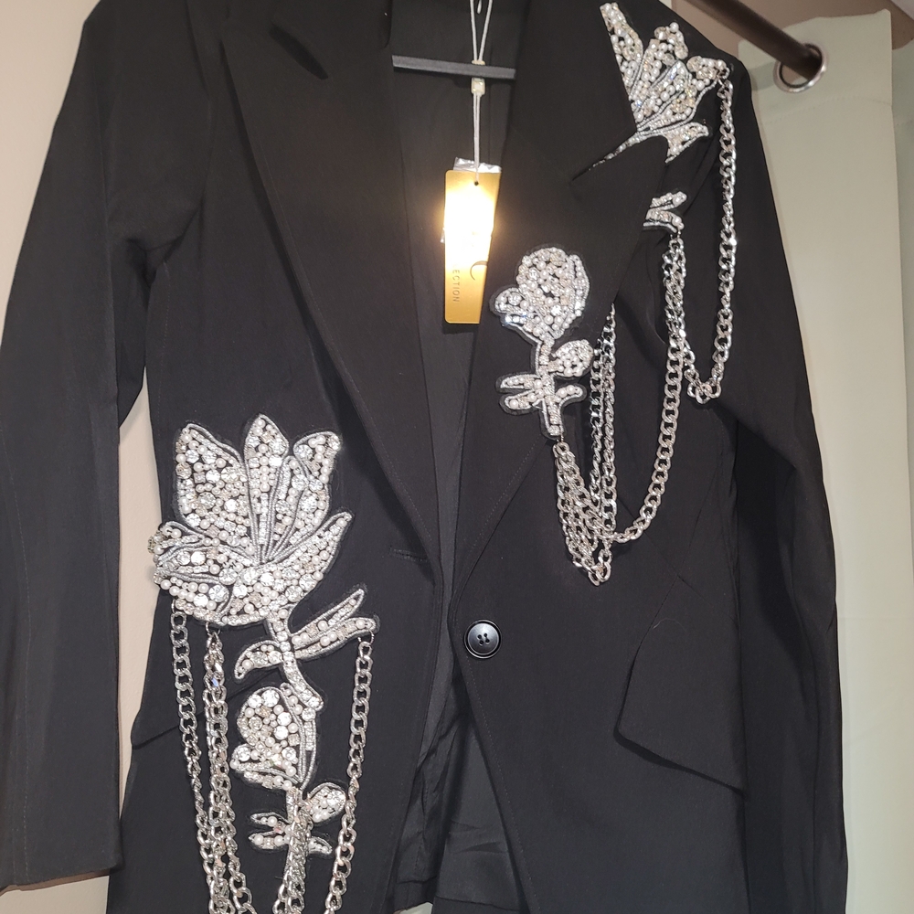 Elegant Black Blazer with Silver Embellishments
